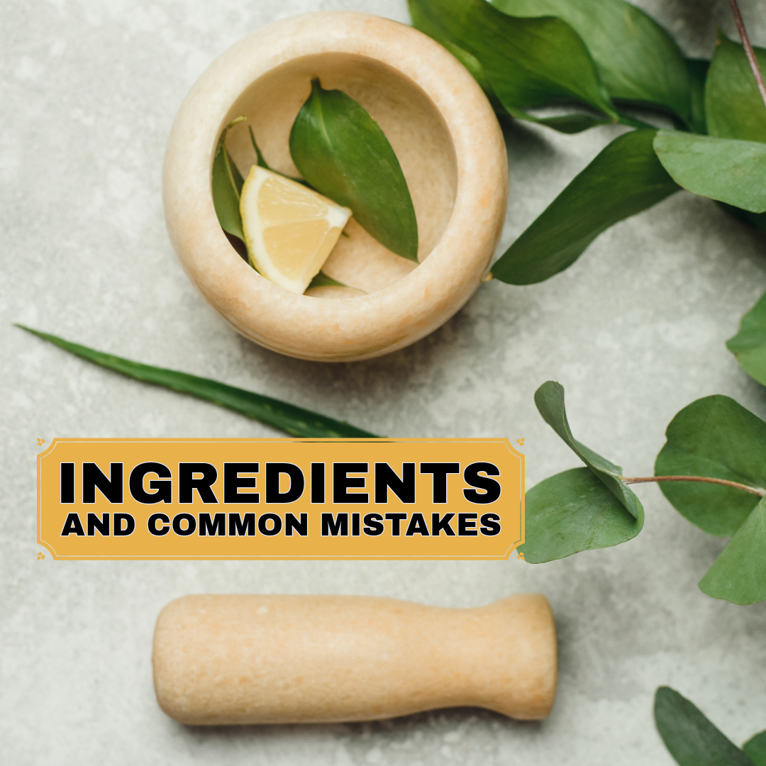 "Ingredients and Common Mistakes" wooden mortar and pestle with lime and leaves.
