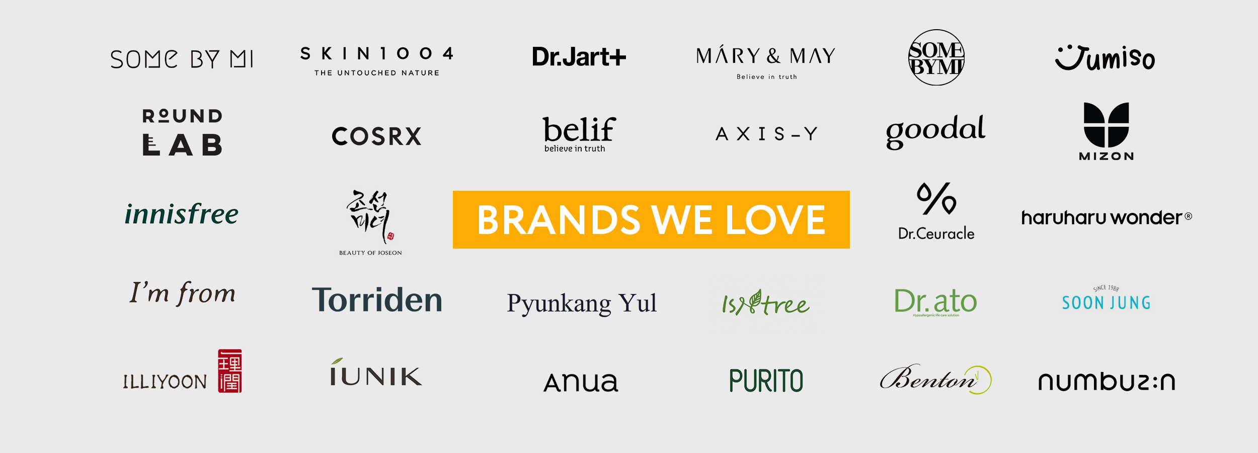 List of various K-Beauty brand logos and "Brands We Love" mentioned at the center.